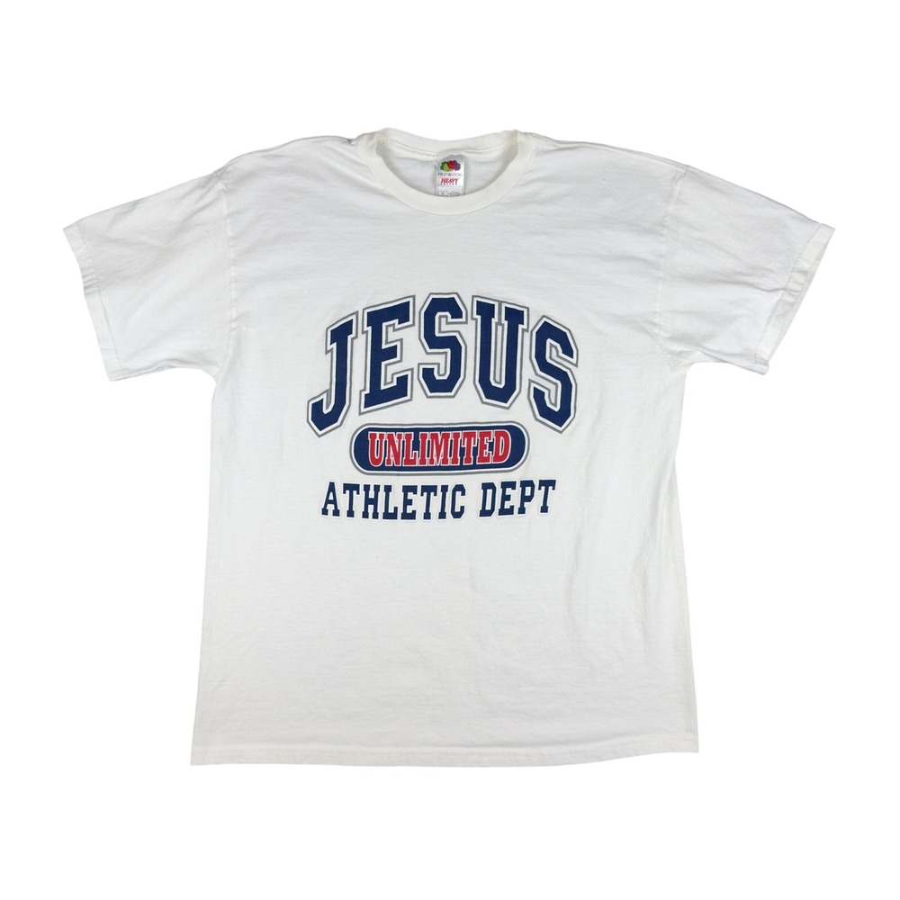 Vtg 90s Y2K Jesus Unlimited Athletic Dept T Shirt XL White Christian Religious